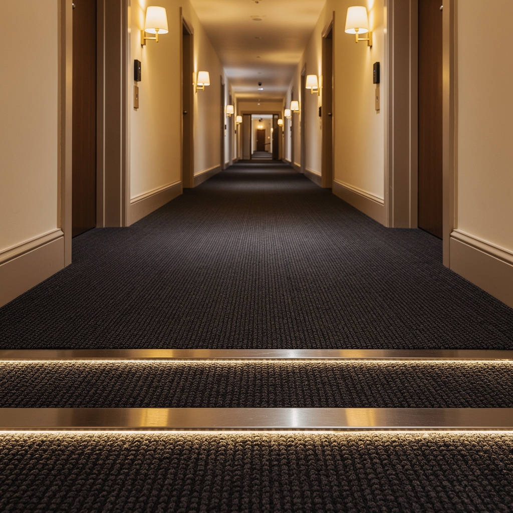 Professionell verlegter Teppichboden in einem Hotelkorridor